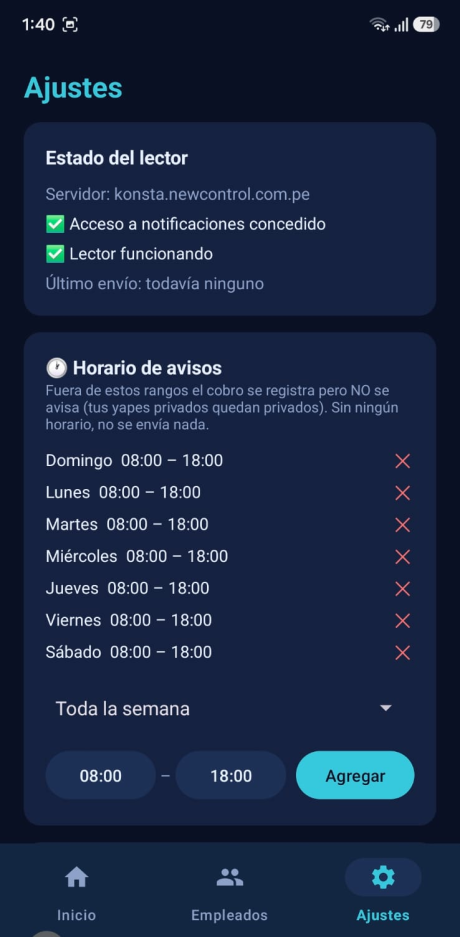 Captura de la app: la pantalla de ajustes con el horario de avisos configurado de 08:00 a 18:00