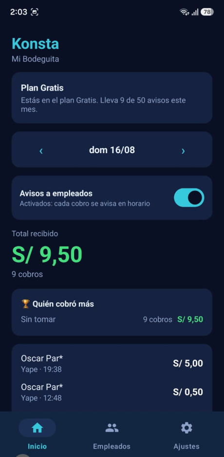 Captura de la app: la pantalla de inicio de Konsta con el total del día y los últimos cobros